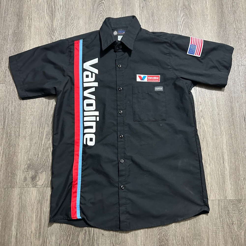 UniFirst Valvoline Work Shirt 15.5 Black Short Sleeve Racing Stripe Mechanic